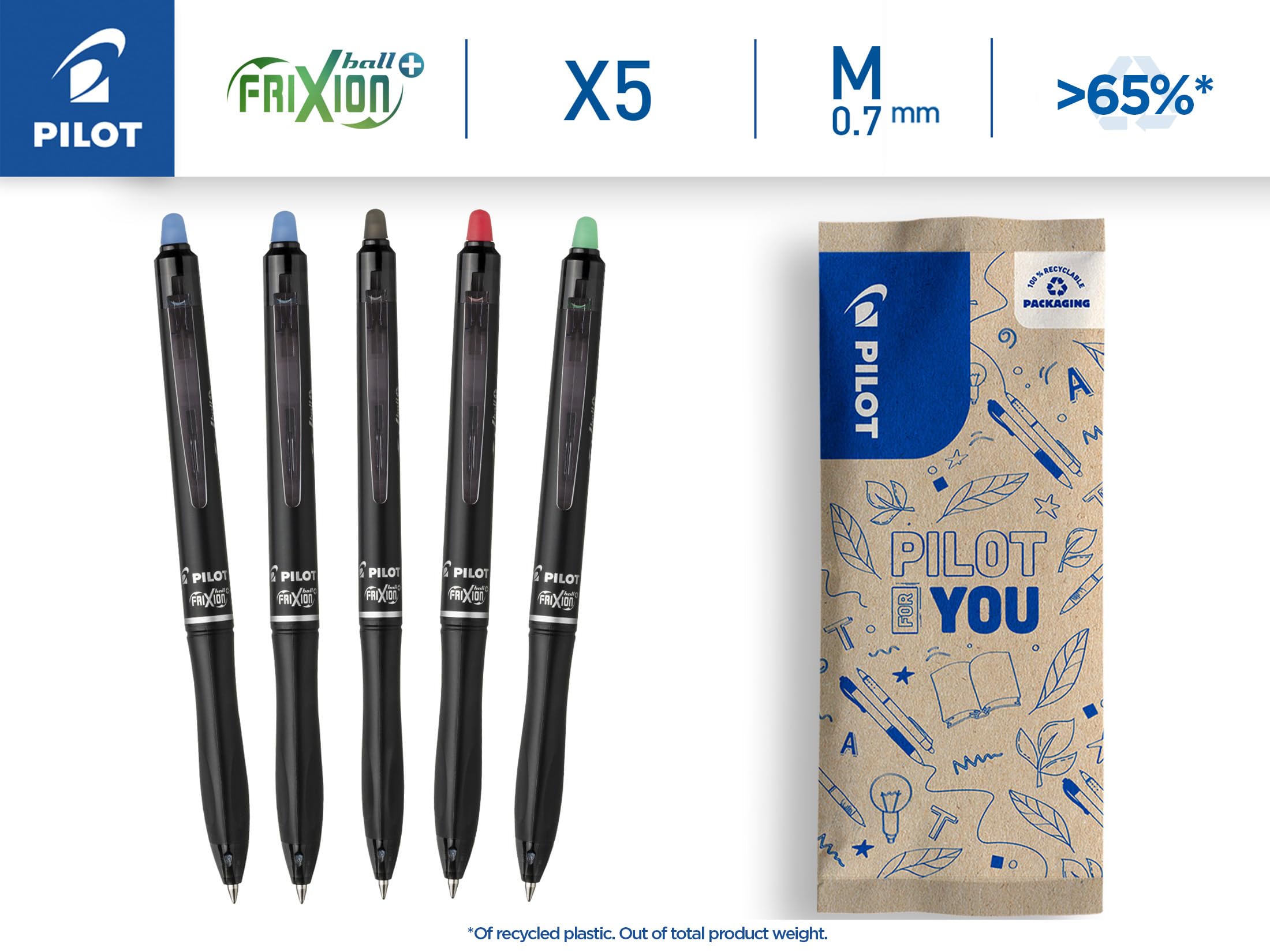 pilot-frixion-ball-plus-stylo-effa-able-0-7-mm-lot-de-5-bleu-x2-noir-rouge-vert image 2