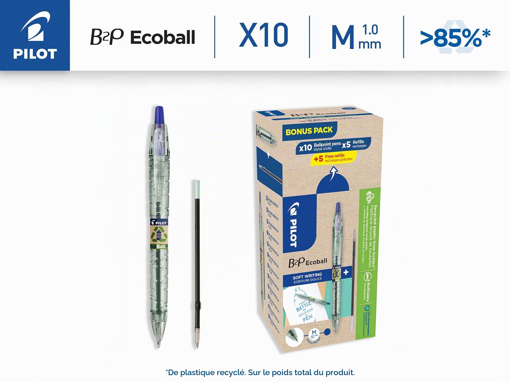 pilot-b2p-ecoball-begreen-stylo-bille-r-tractable-1-0-mm-bleu-lot-de-10-10-recha image 2