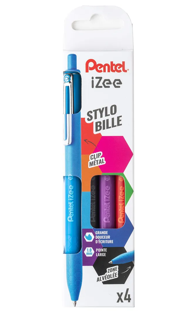 pentel-izee-bx470-pochette-de-4-stylos-bille-r-tractables-1-0-mm-noir-rouge-bleu image 1