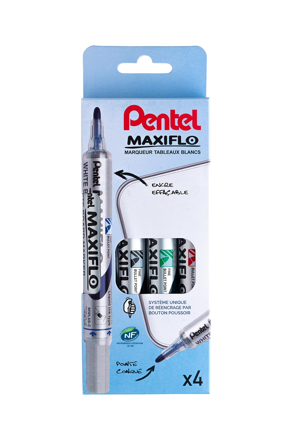 pentel-maxiflo-pochette-de-4-marqueurs-tableau-blanc-pointe-conique-moyenne-noir image 1