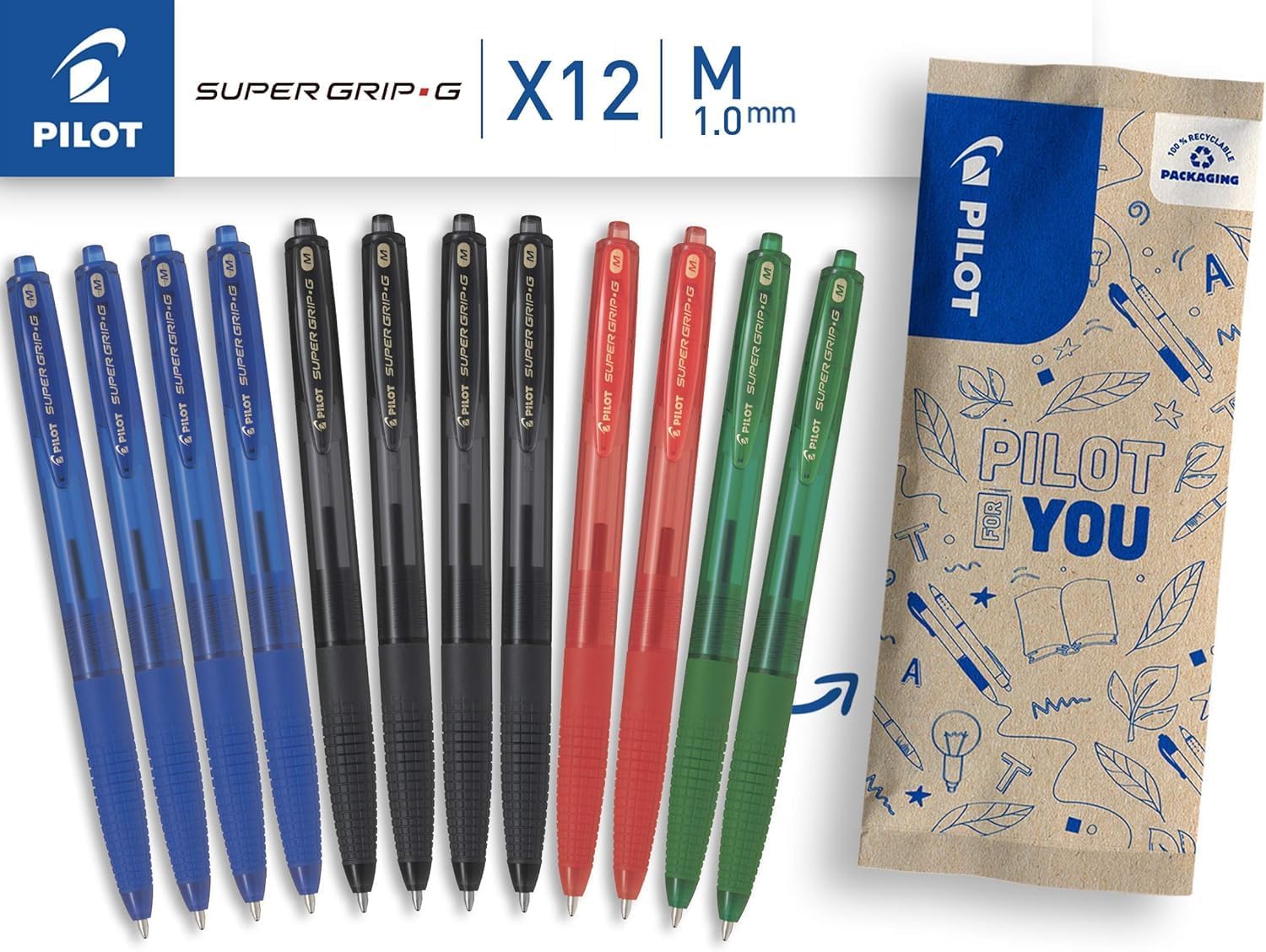 pilot-super-grip-g-lot-de-12-stylos-bille-r-tractables-pointe-moyenne-1-mm-4-ble image 2