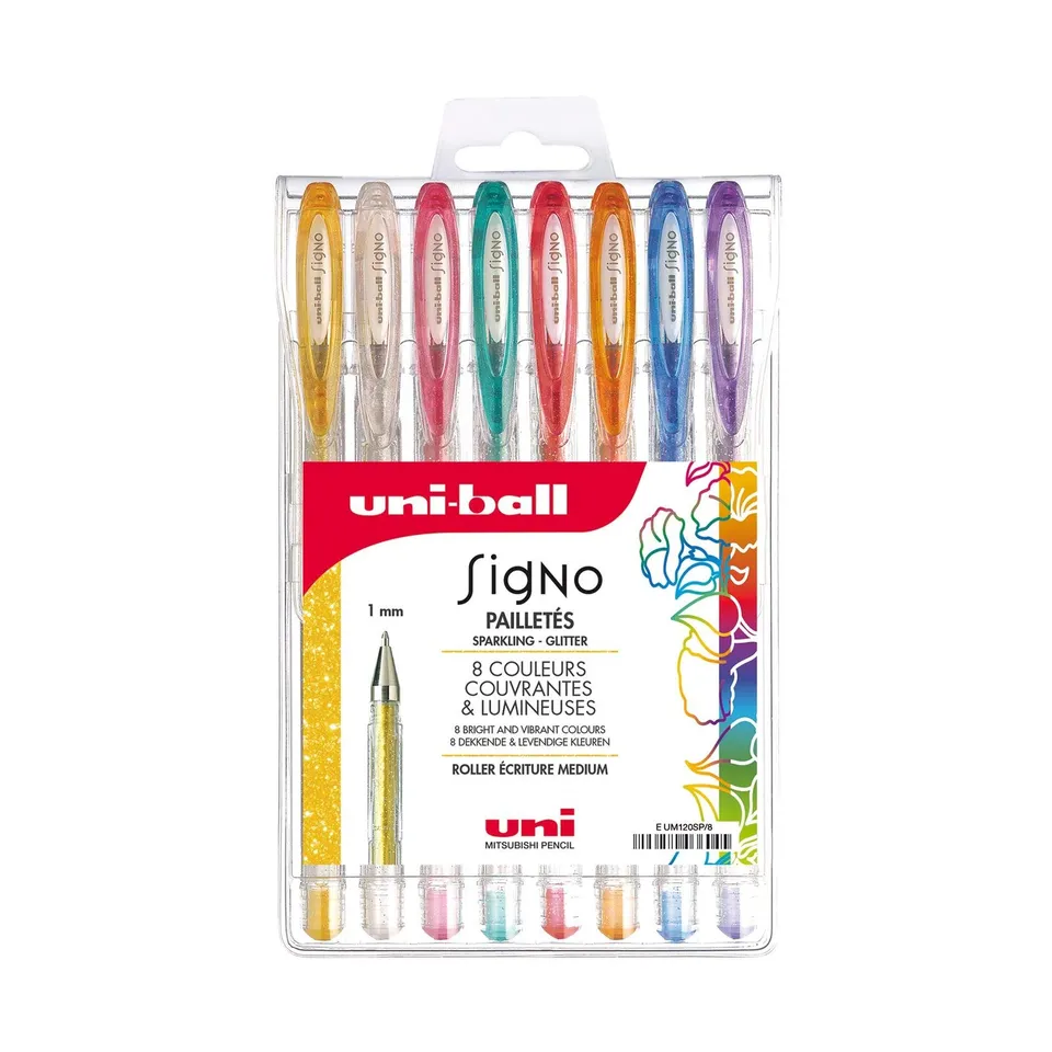 uni-ball-signo-lot-de-8-rollers-encre-gel-paillet-s-pointe-1-mm-criture-large-or image 1