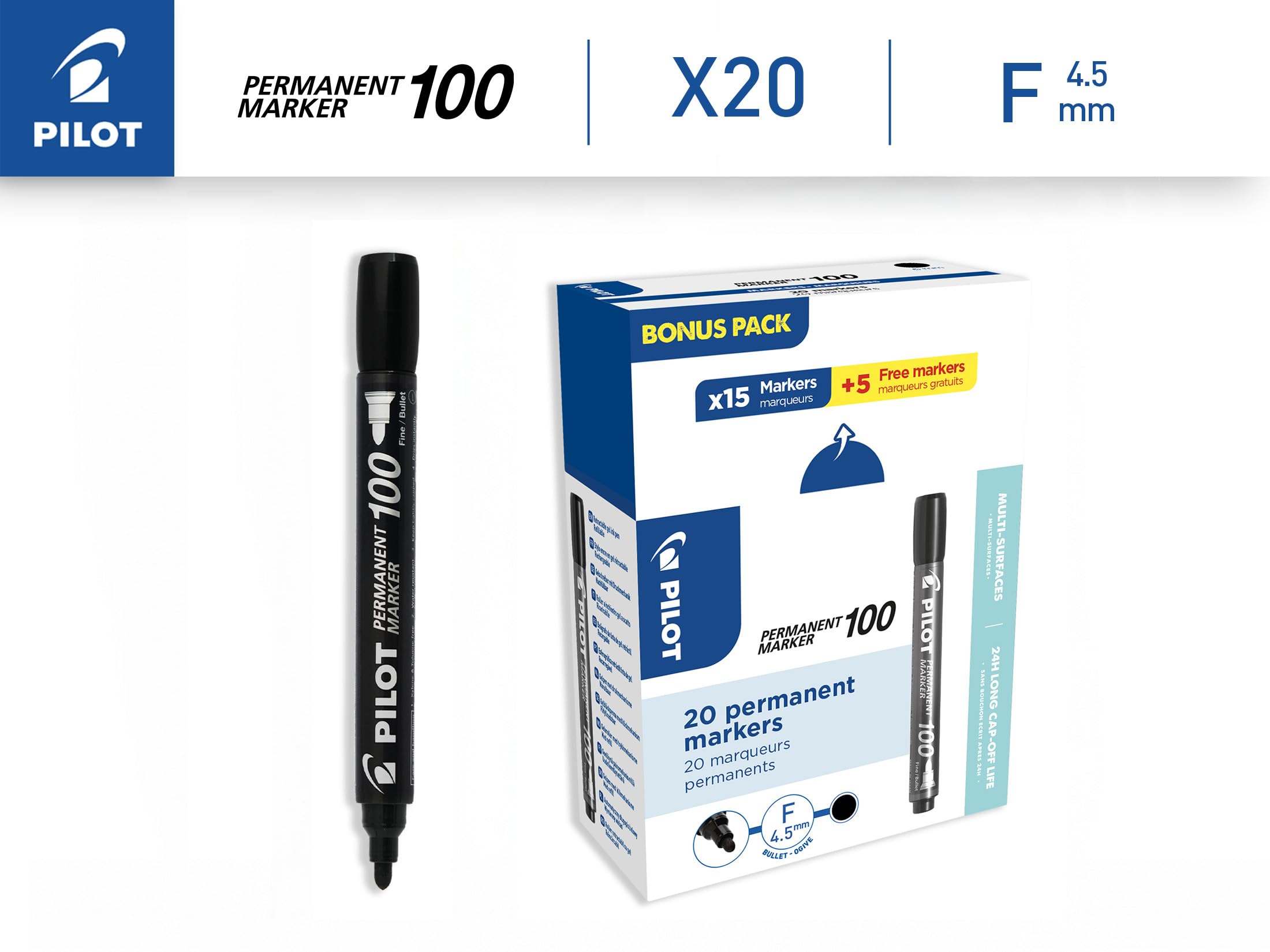 pilot-100-marqueur-permanent-noir-pointe-moyenne-pack-xxl-20-15-5 image 2