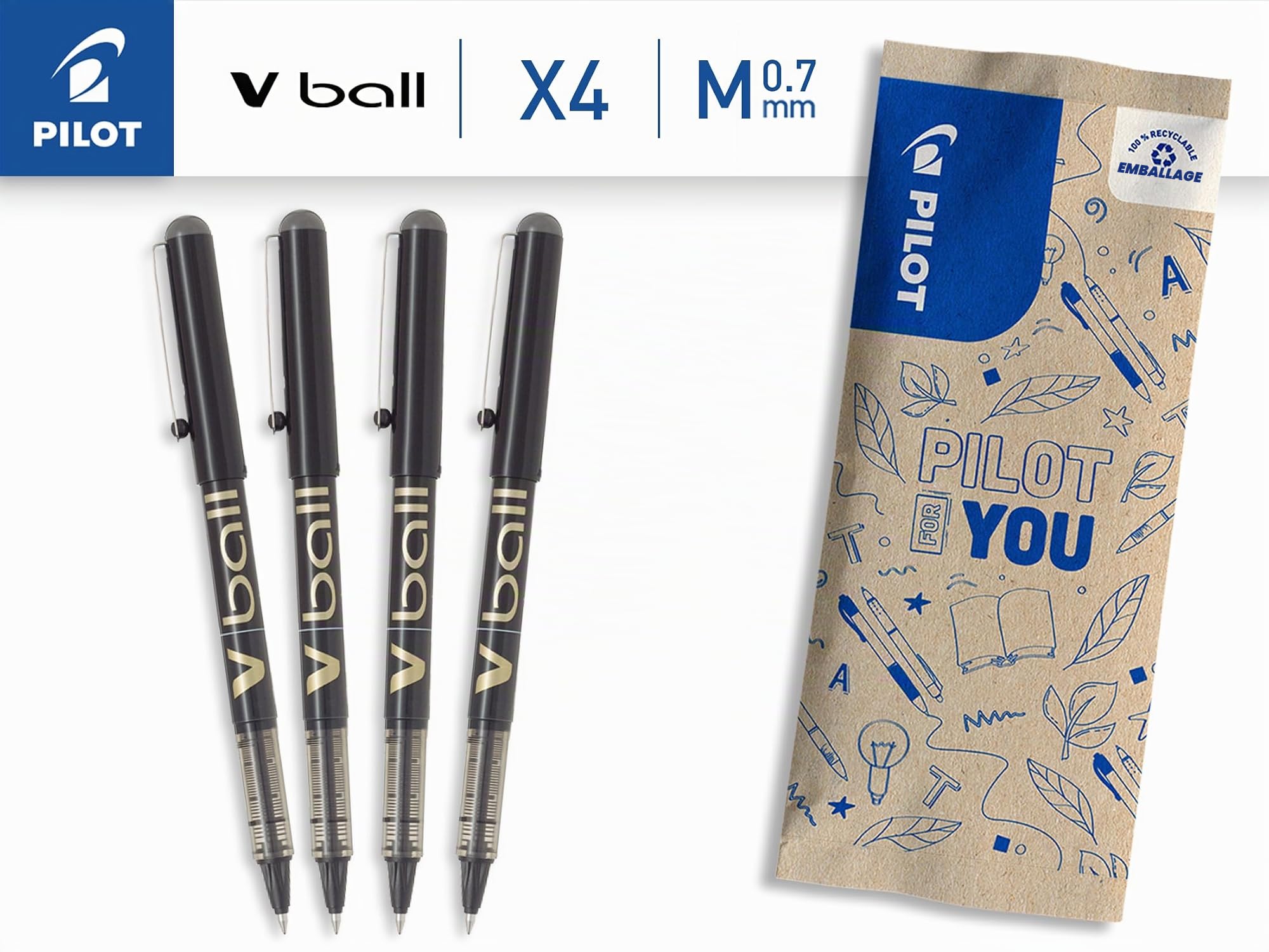 pilot-v-ball-07-stylo-roller-encre-liquide-pointe-moyenne-lot-de-4-noirs image 2