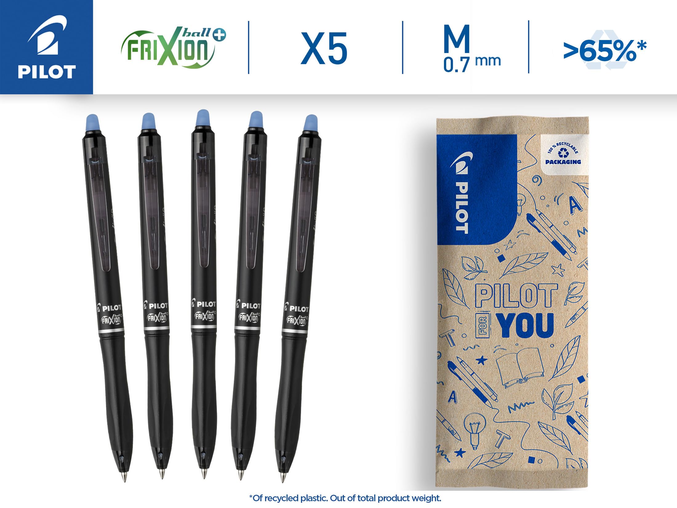 pilot-frixion-ball-plus-stylo-roller-effa-able-bleu-pointe-moyenne-0-7-mm-lot-de image 2
