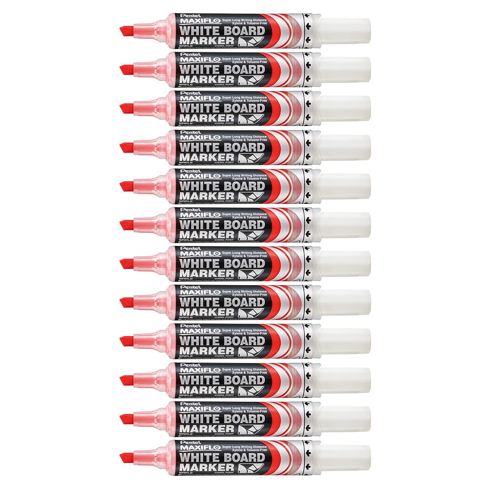 pentel-maxiflo-mwl6-lot-de-12-marqueurs-tableau-blanc-pointe-biseaut-e-large-rou image 1
