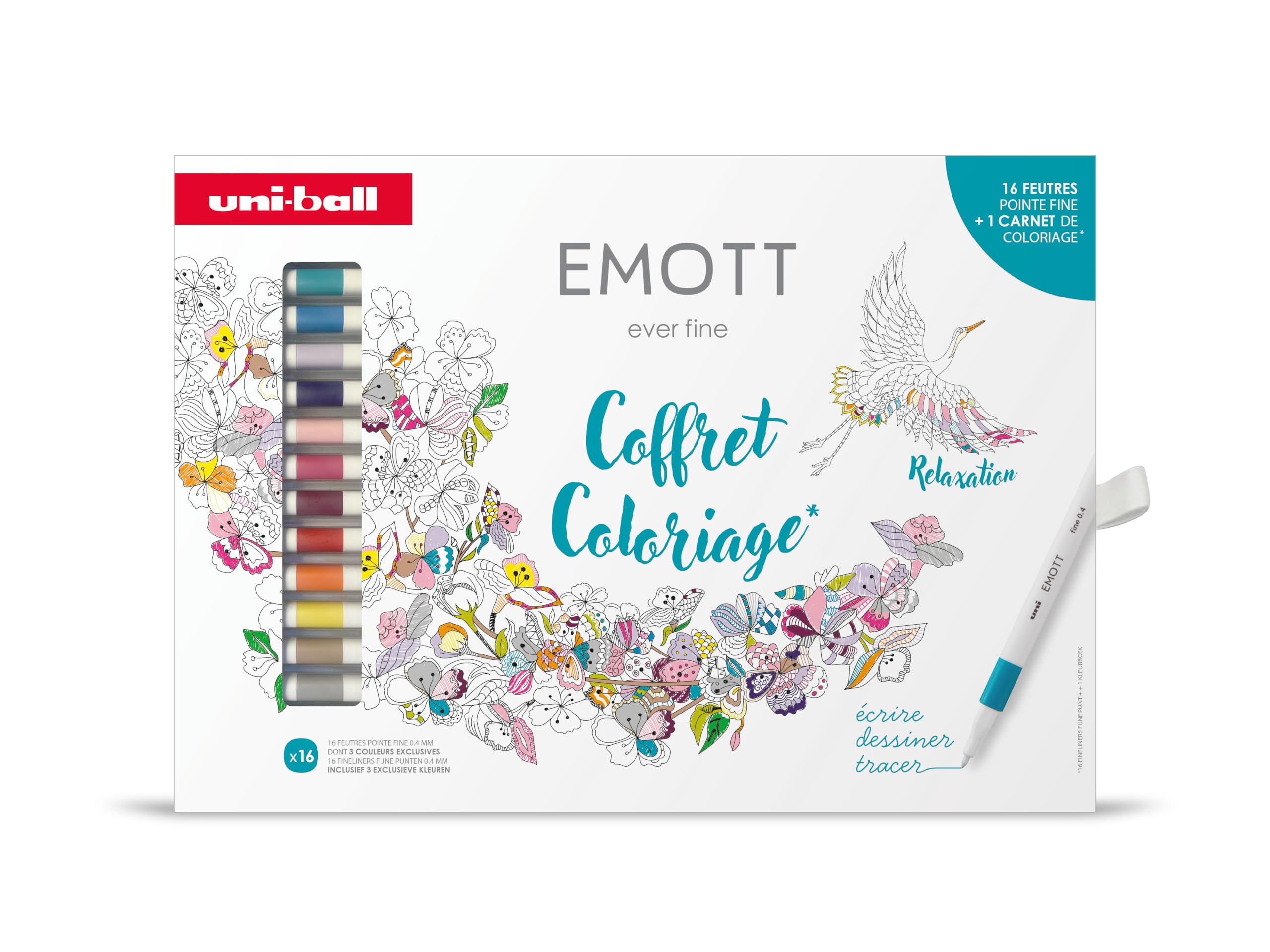 uni-ball-emott-feutre-fin-0-4-mm-coffret-16-couleurs-carnet-coloriage-a5 image 1