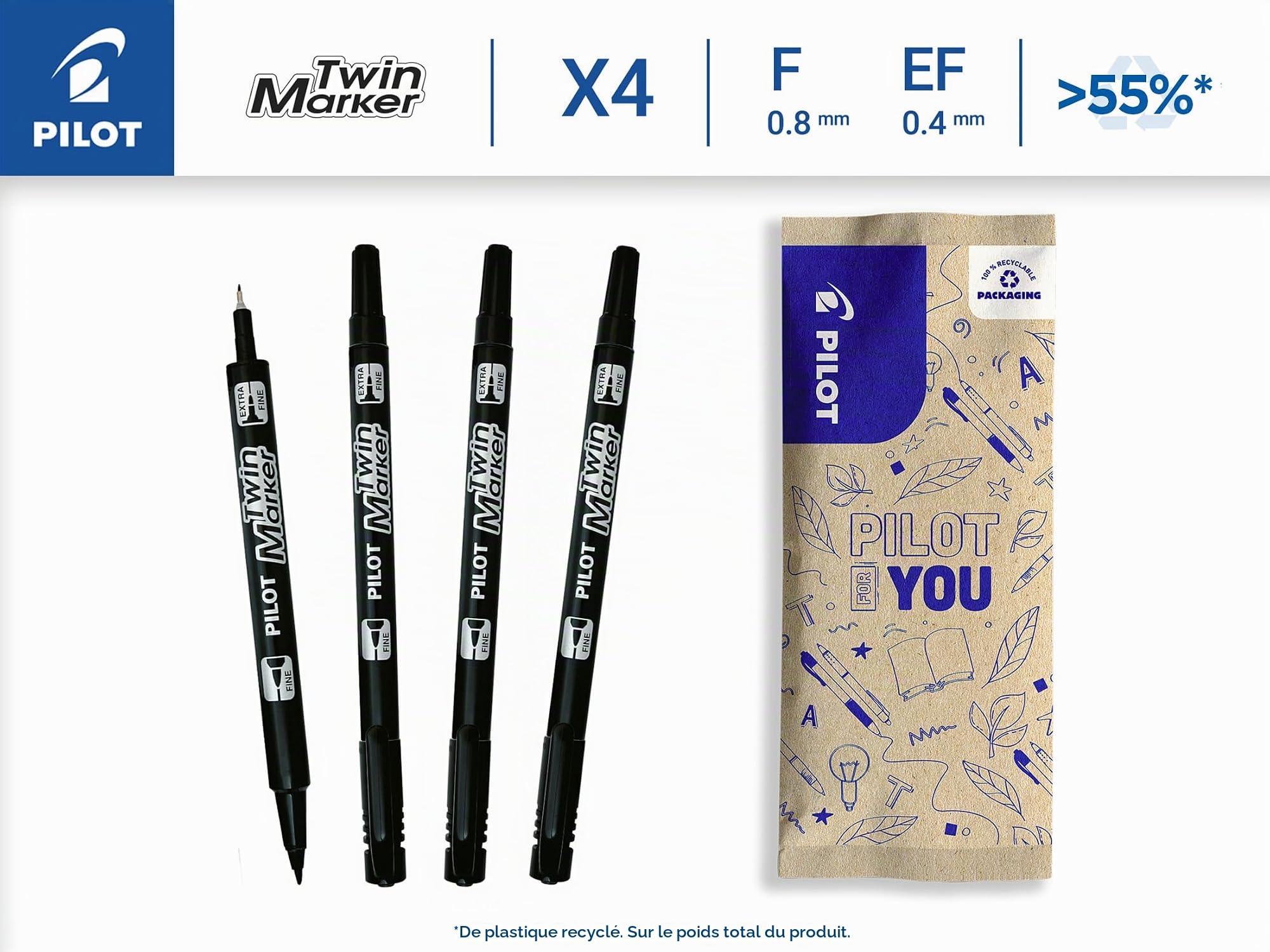 pilot-twin-marker-lot-de-4-marqueurs-permanents-2-en-1-noir-double-pointe-fine-0 image 2