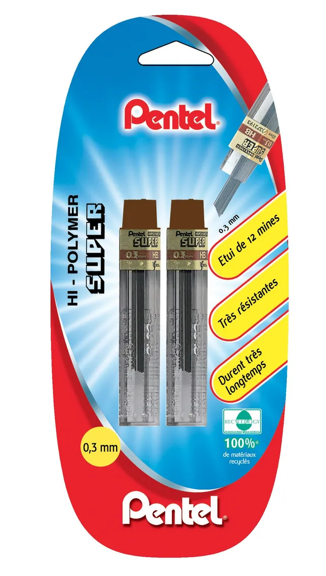 pentel-super-hi-polymer-300-mines-porte-mine-0-3-mm-2h-lot-de-2-tuis-de-12 image 1