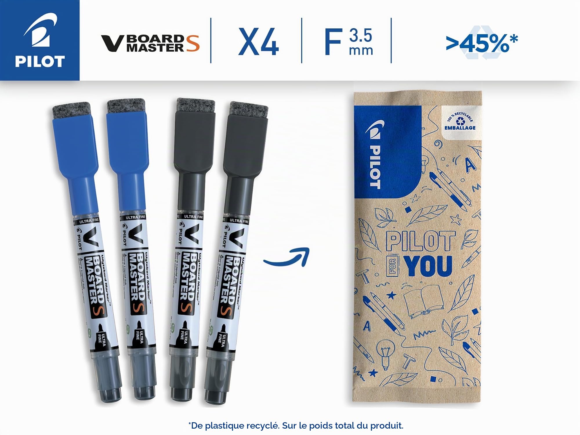 pilot-v-board-master-s-lot-de-4-marqueurs-tableau-blanc-effa-ables-2-bleus-2-noi image 2
