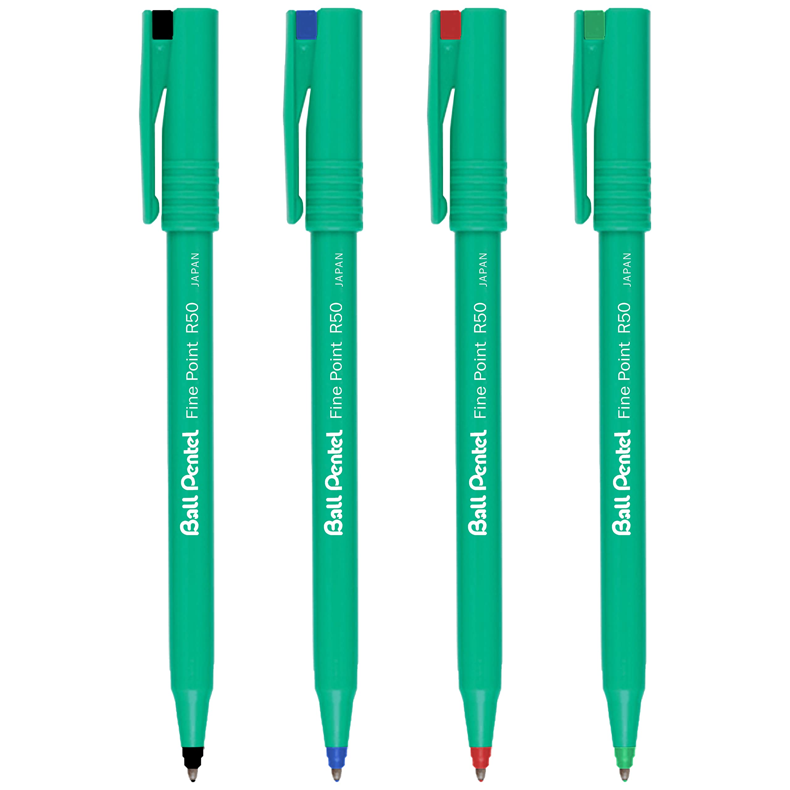 pentel-r50-roller-encre-liquide-0-8-mm-lot-de-4-noir-bleu-rouge-vert image 1