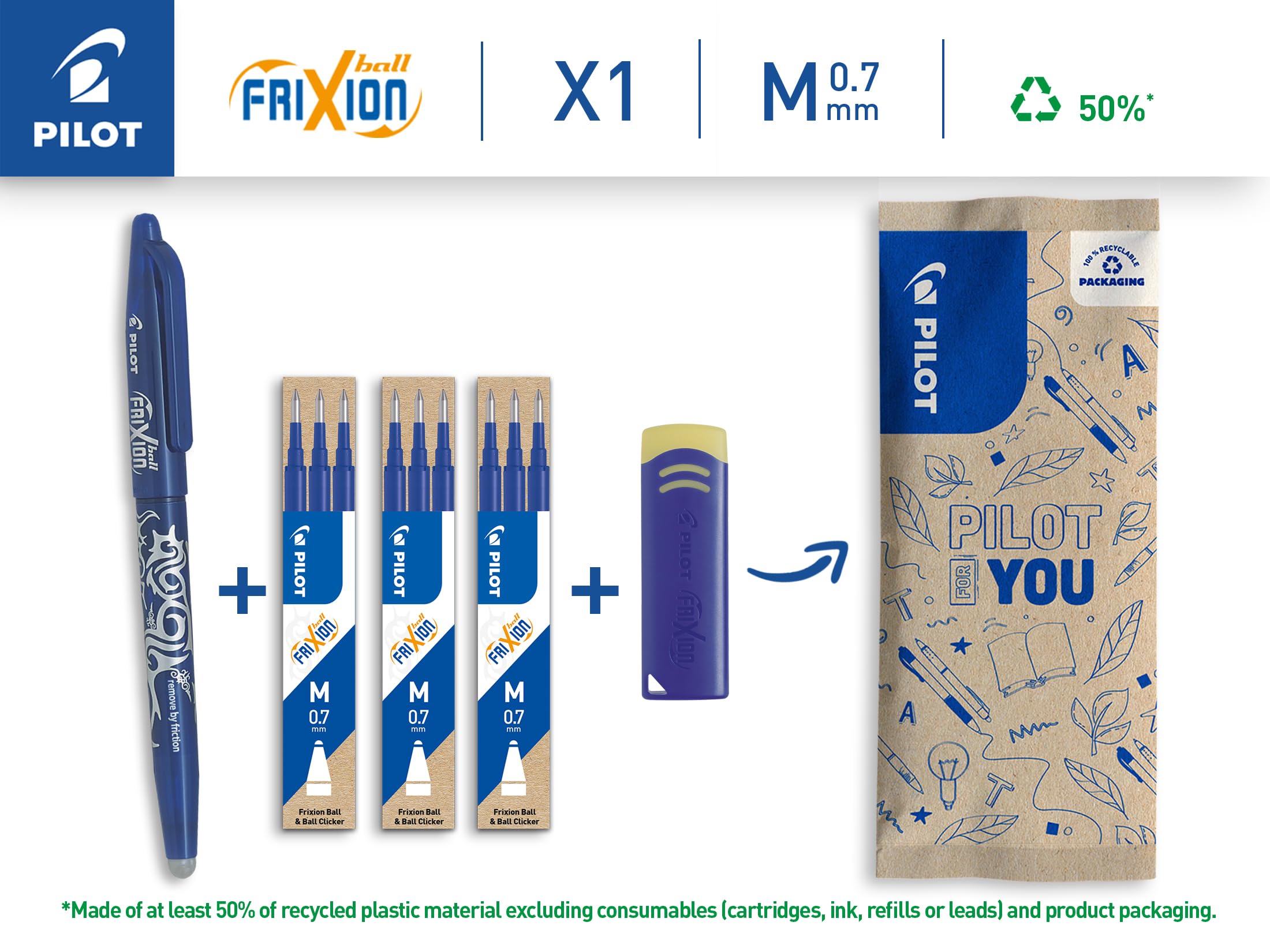 pilot-frixion-ball-07-stylo-effa-able-bleu-9-recharges-gomme image 2