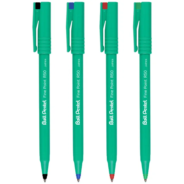pentel-r50-roller-encre-liquide-0-8-mm-lot-de-4-noir-bleu-rouge-vert image 1