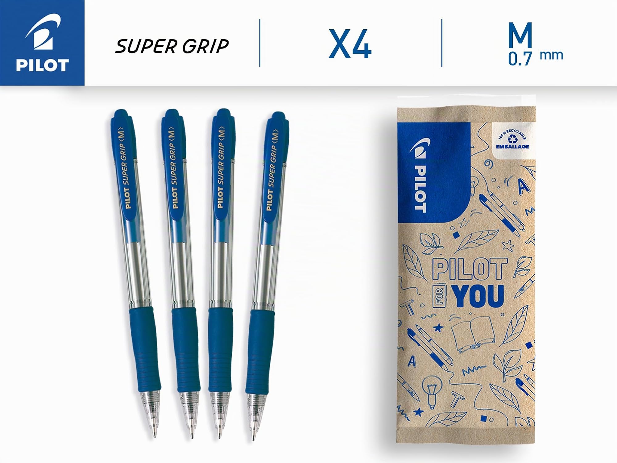 pilot-super-grip-stylo-bille-r-tractable-bleu-pointe-moyenne-1-mm-lot-de-4 image 2