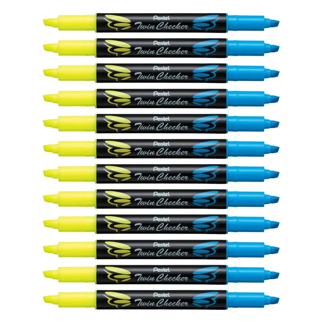 pentel-twin-checker-slw8-lot-de-12-surligneurs-bi-pointe-jaune-et-bleu-encre-flu image 1