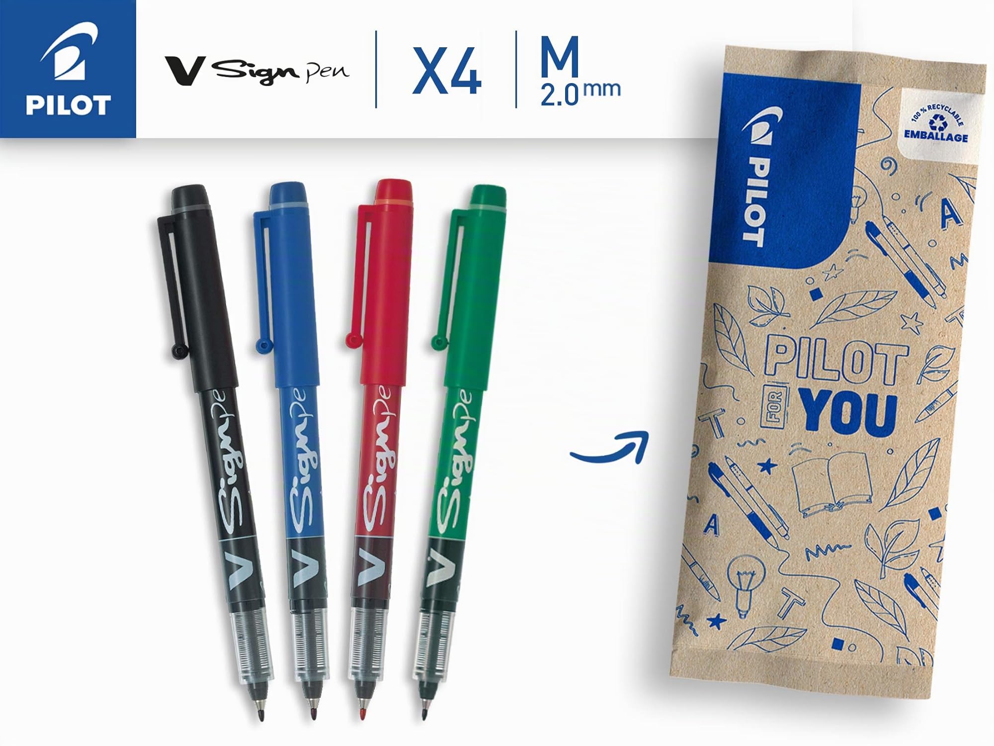 pilot-v-sign-pen-feutre-d-criture-pointe-moyenne-2-mm-lot-de-4-couleurs image 2
