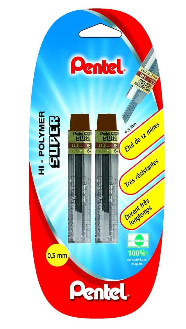 pentel-super-hi-polymer-300-mines-0-3-mm-hb-lot-de-2-x-12-mines image 1