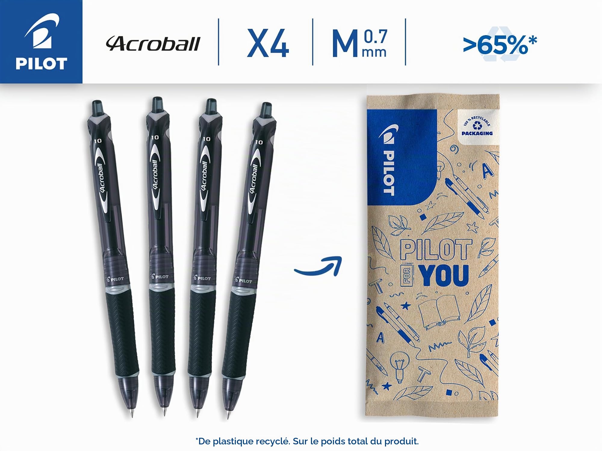 pilot-acroball-lot-de-4-billes-noirs-encre-huile-ultra-douce-r-tractable-recharg image 2