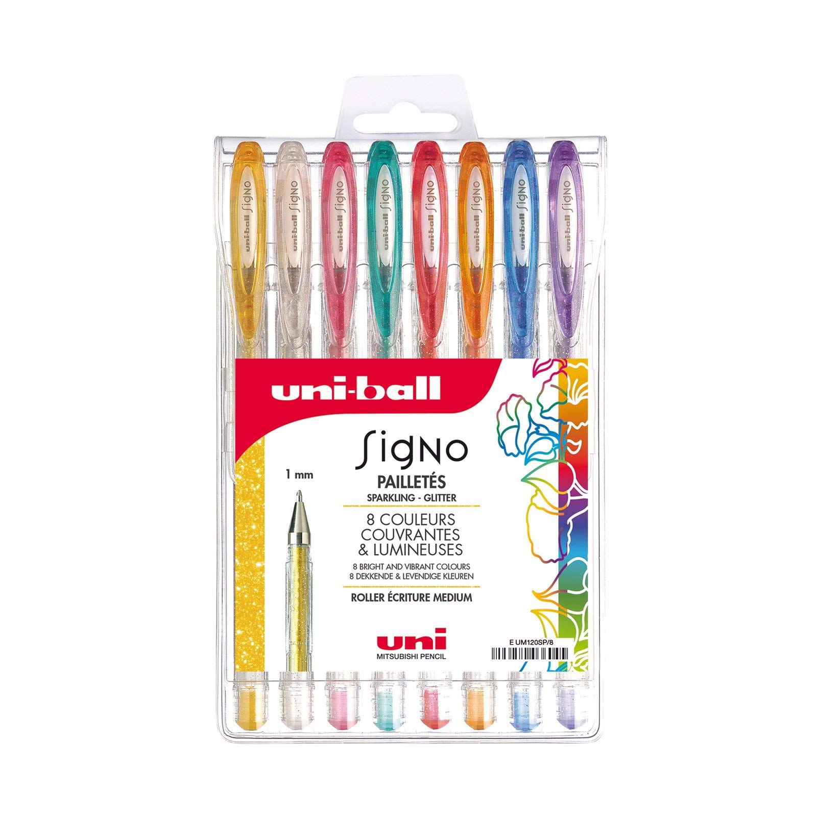 uni-ball-signo-lot-de-8-rollers-encre-gel-paillet-s-pointe-1-mm-criture-large-or image 1