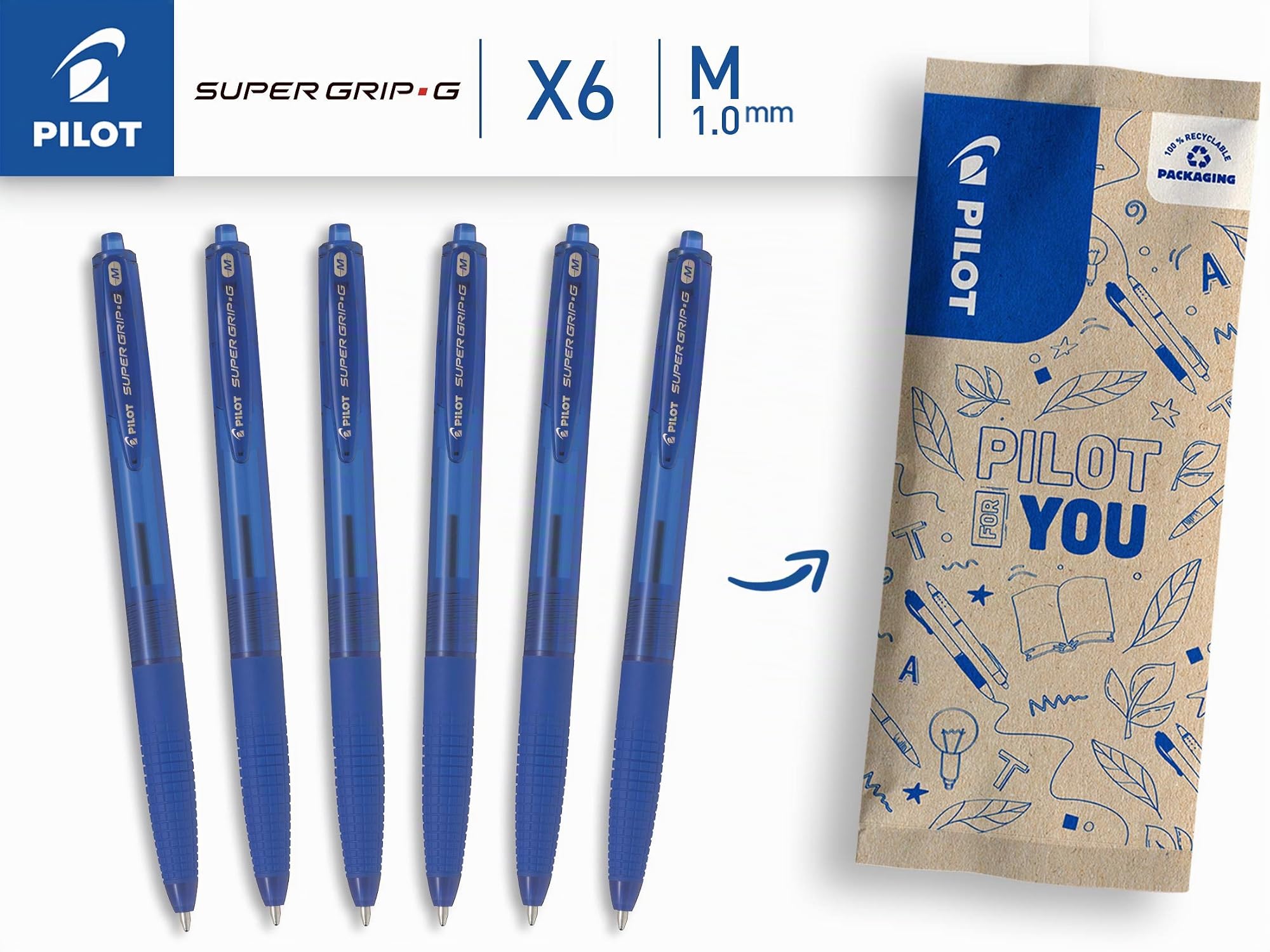 pilot-super-grip-g-stylo-bille-r-tractable-lot-de-6-bleu-pointe-moyenne-1-mm image 2