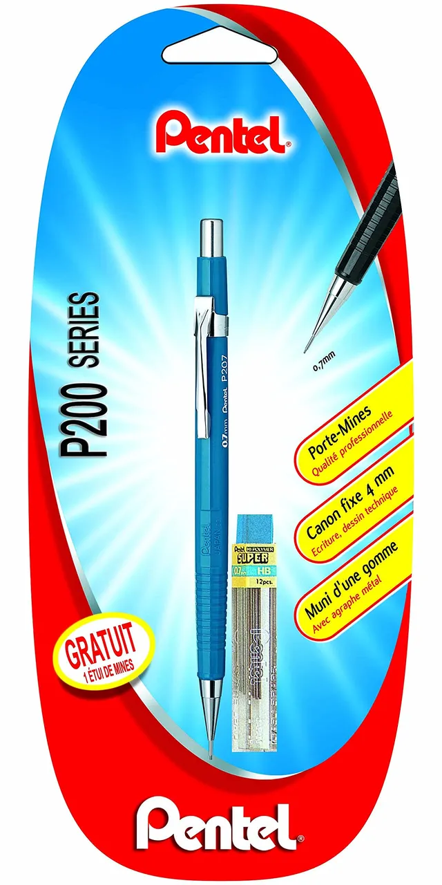 pentel-p207-porte-mines-0-7-mm-canon-fixe-4-mm-corps-bleu-tui-de-mines image 1