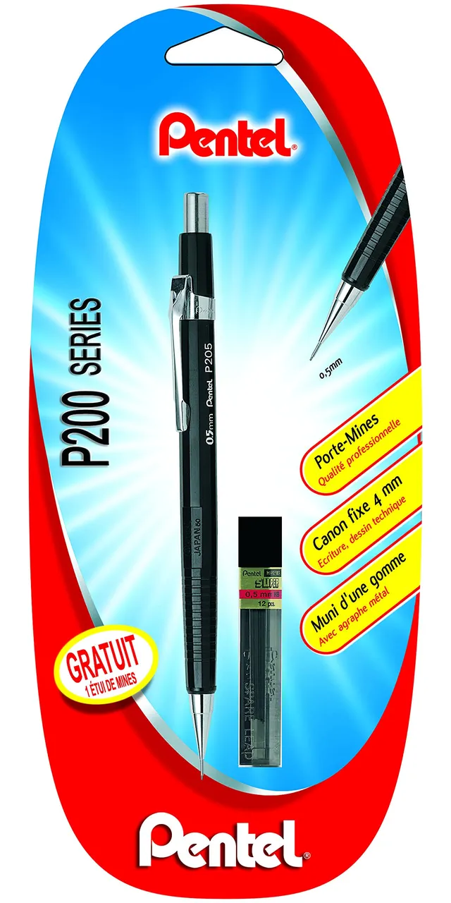pentel-p205-porte-mines-0-5-mm-canon-fixe-4-mm-corps-noir-mines-offertes image 1