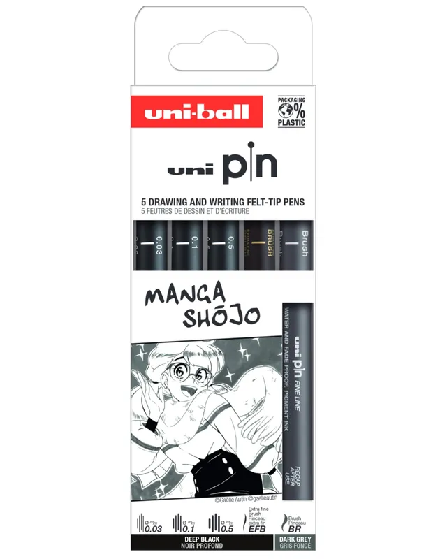 uni-ball-pin-manga-shojo-5-feutres-calibr-s-et-brush-noir-et-gris-fonc image 1