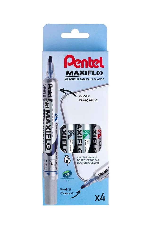 pentel-maxiflo-pochette-de-4-marqueurs-tableau-blanc-pointe-conique-moyenne-noir image 1