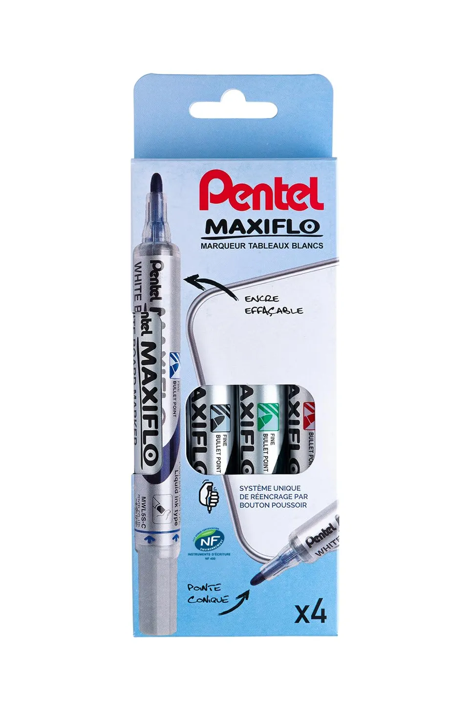 pentel-maxiflo-pochette-de-4-marqueurs-tableau-blanc-pointe-conique-moyenne-noir image 1