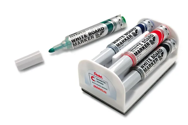 pentel-maxiflo-kit-tableau-blanc-brosse-effaceur-4-marqueurs-pointe-conique-6-mm image 1