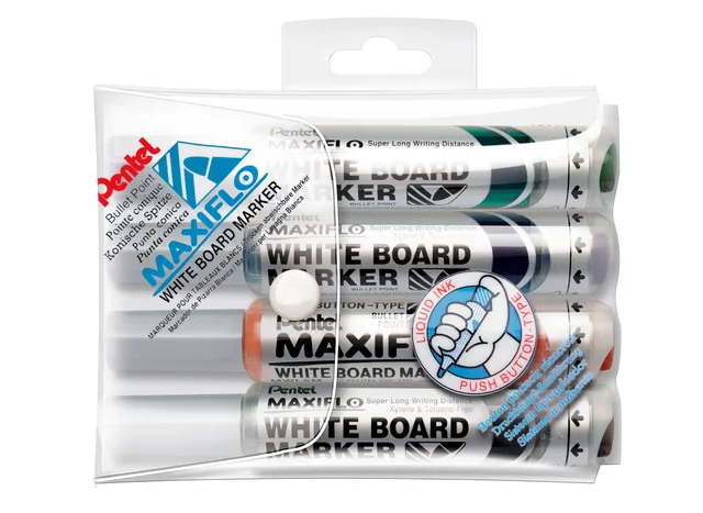 pentel-maxiflo-mwl5m-4-marqueur-tableau-blanc-pointe-ogive-large-pochette-4-coul image 1