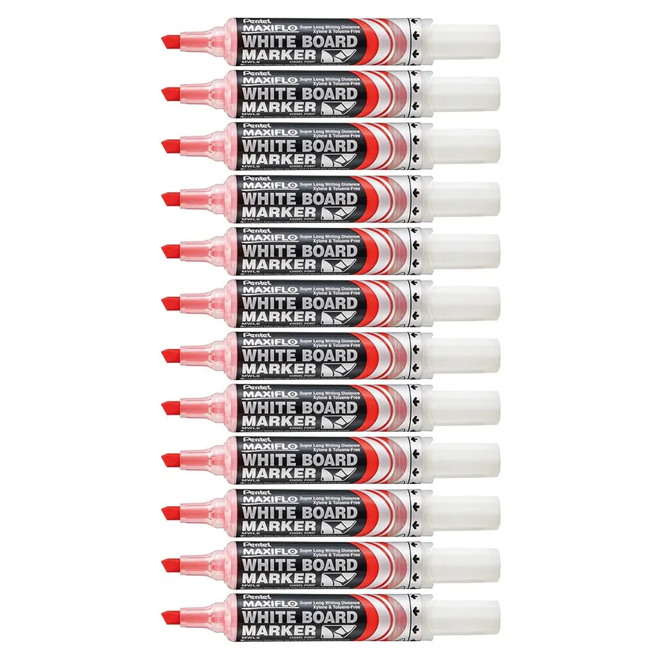pentel-maxiflo-mwl6-lot-de-12-marqueurs-tableau-blanc-pointe-biseaut-e-large-rou image 1