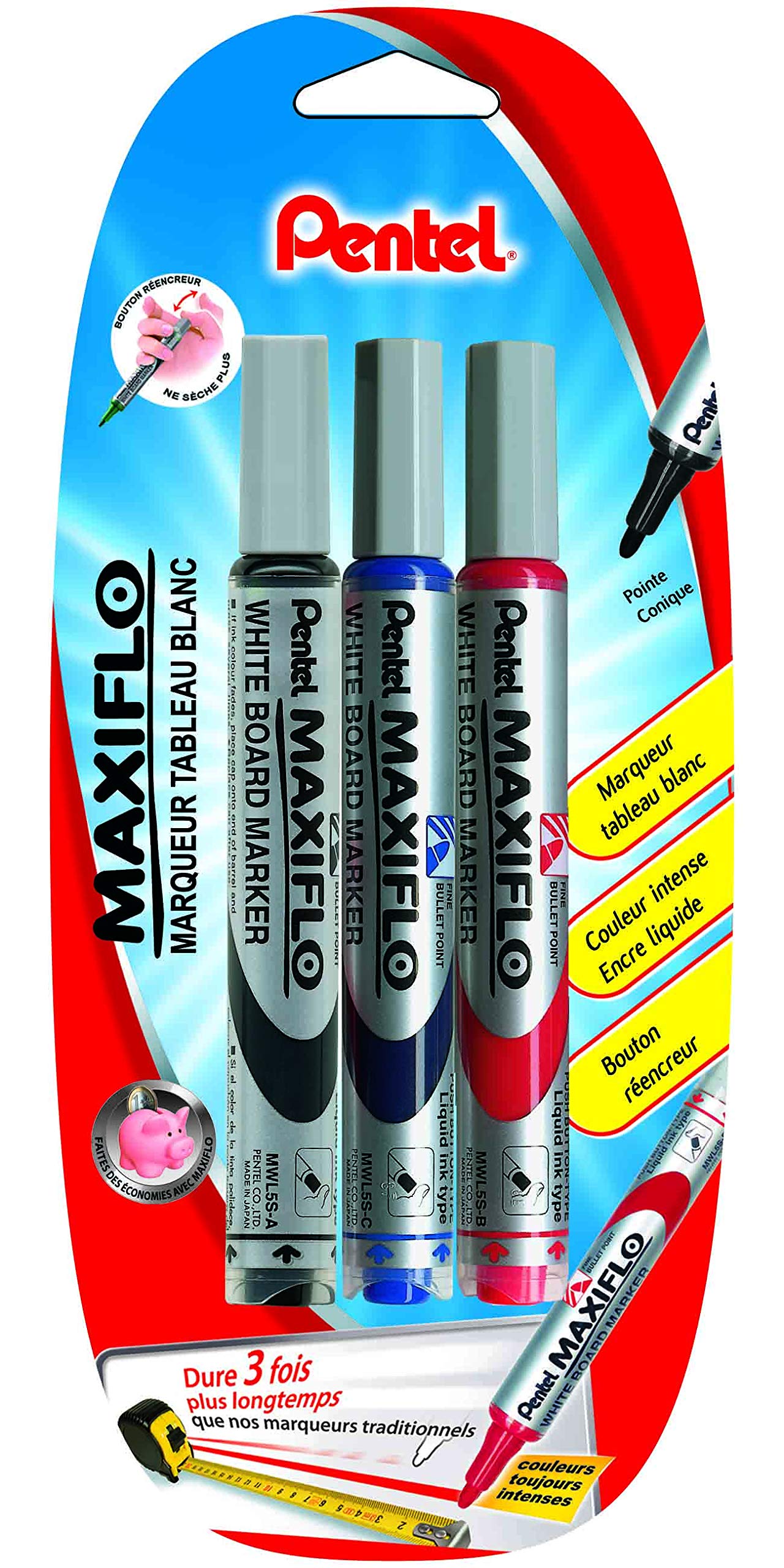 pentel-maxiflo-lot-de-3-marqueurs-tableau-blanc-pointe-ogive-moyenne-noir-bleu-r image 1