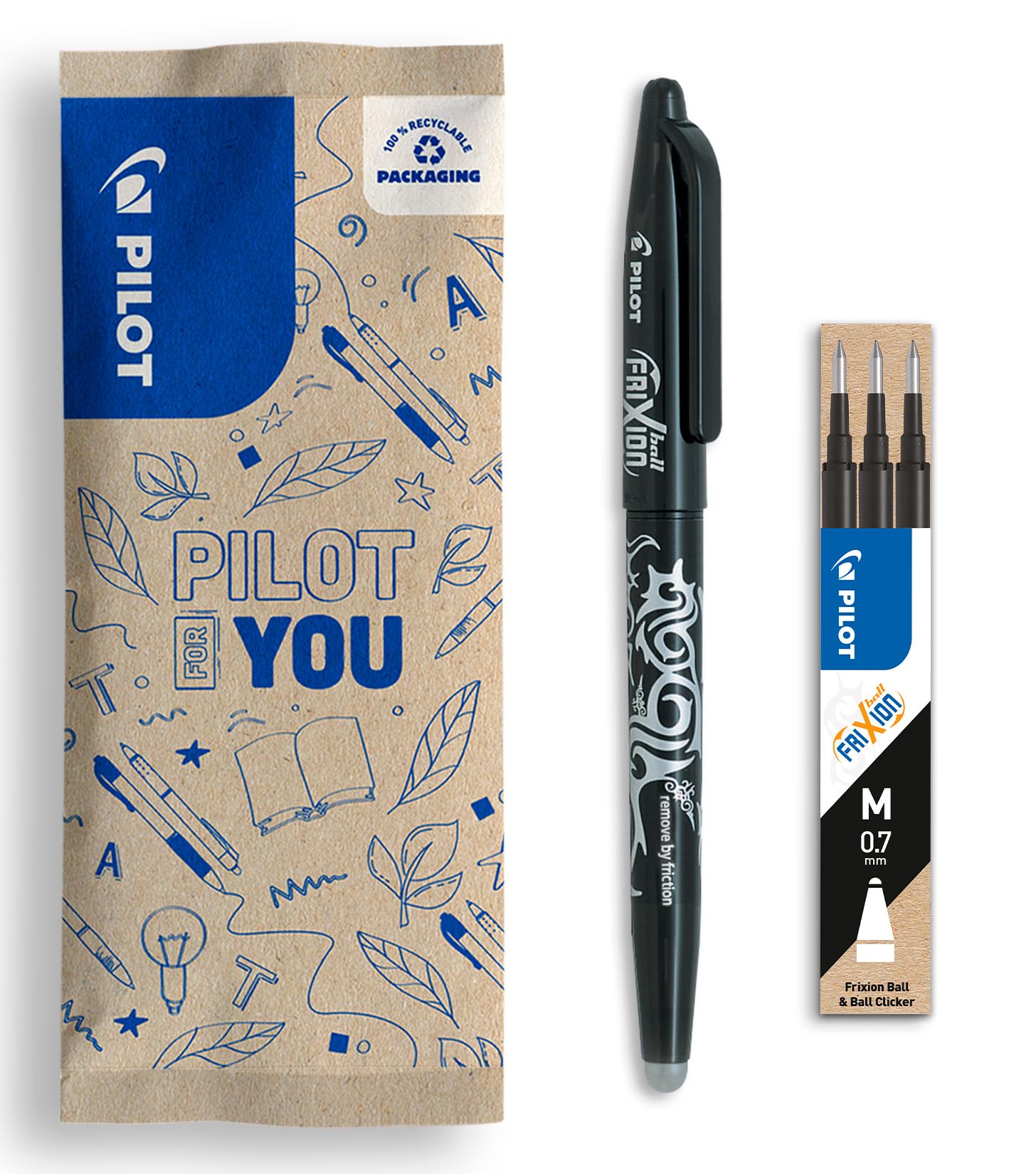 pilot-frixion-ball-roller-effa-able-0-7-mm-noir-3-recharges-plastique-recycl image 1