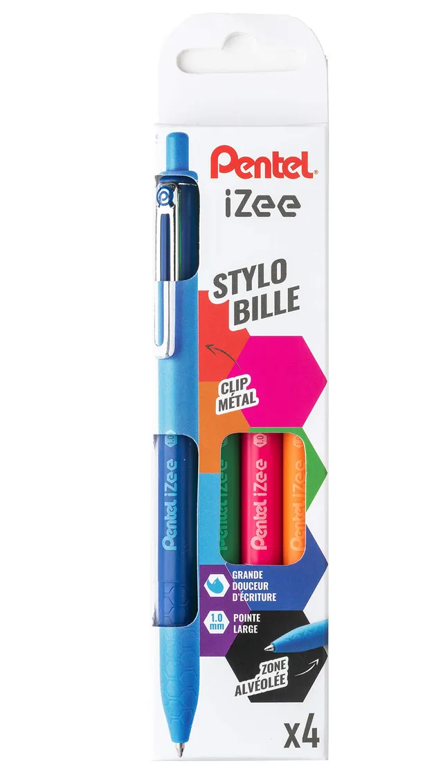 pentel-izee-bx470-pochette-de-4-stylos-bille-r-tractables-1-0-mm-bleu-vert-orang image 1