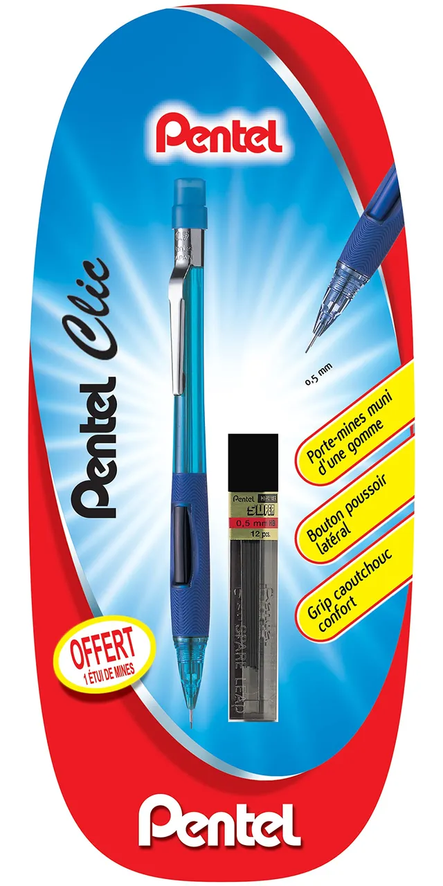 pentel-pd345-porte-mines-0-5-mm-canon-fixe-4-mm-bleu-tui-mines-offert image 1
