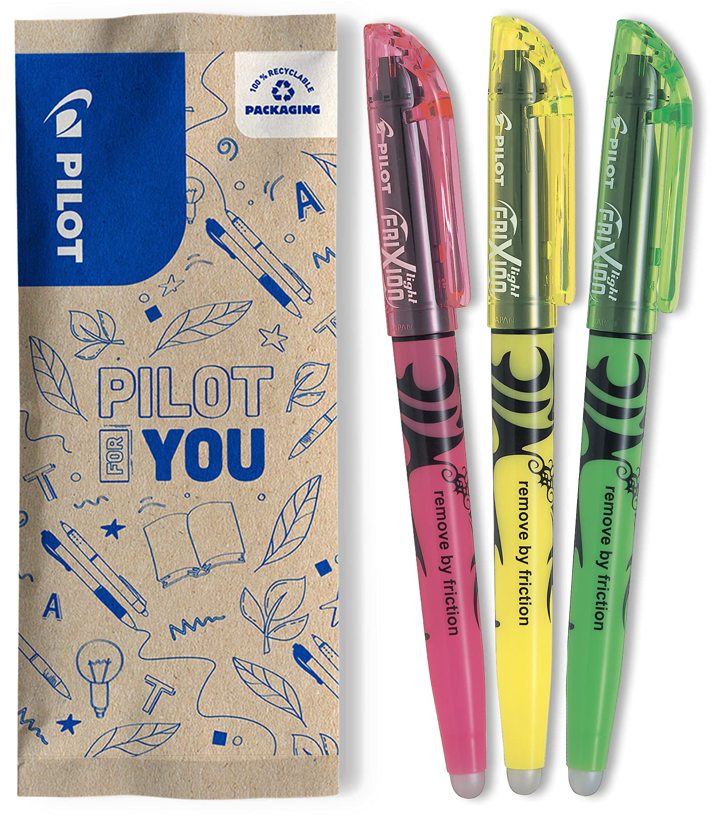 pilot-frixion-light-surligneurs-effa-ables-pastel-fluo-lot-de-3-jaune-vert-rose image 1