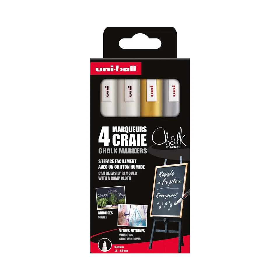 uni-ball-chalk-pwe-5m-4-marqueurs-craie-moyens-2-blancs-or-argent image 1