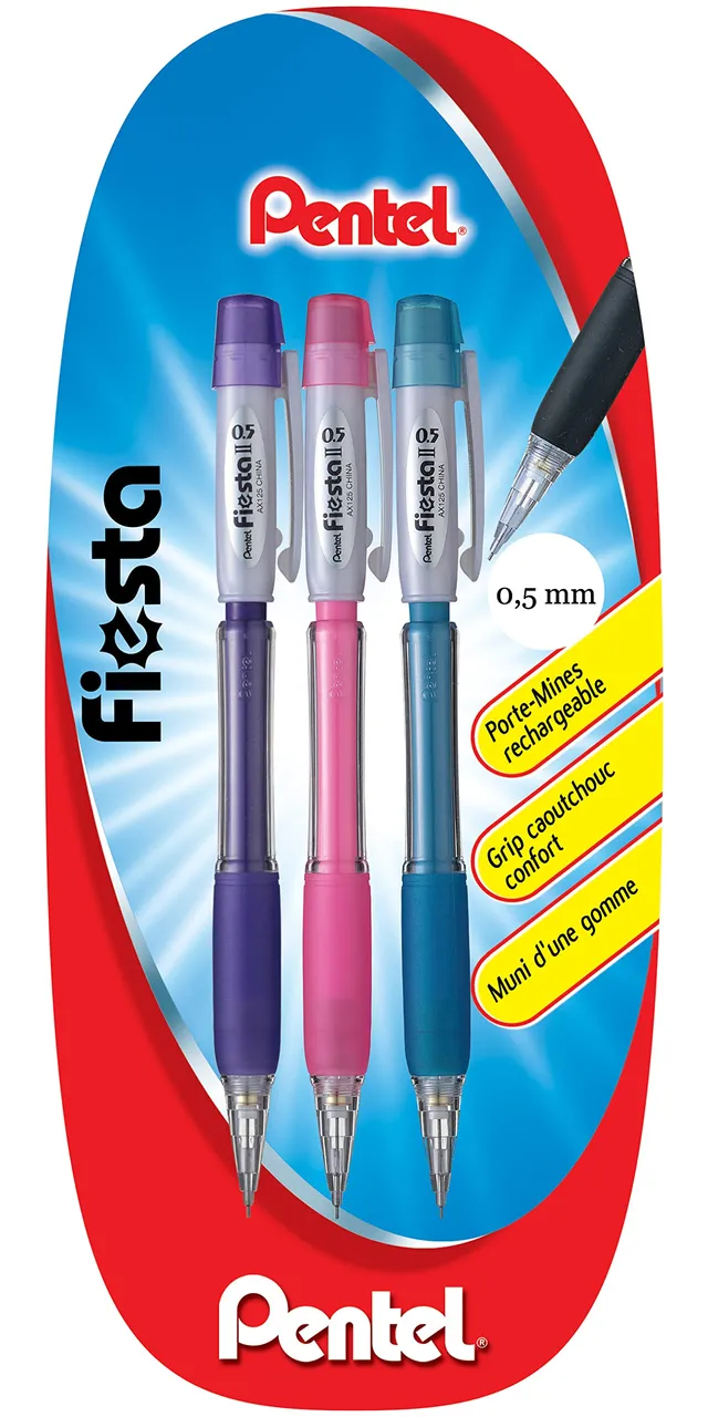 pentel-fiesta-ii-ax125w-porte-mines-0-5-mm-blister-x3-violet-rose-bleu-ciel image 1