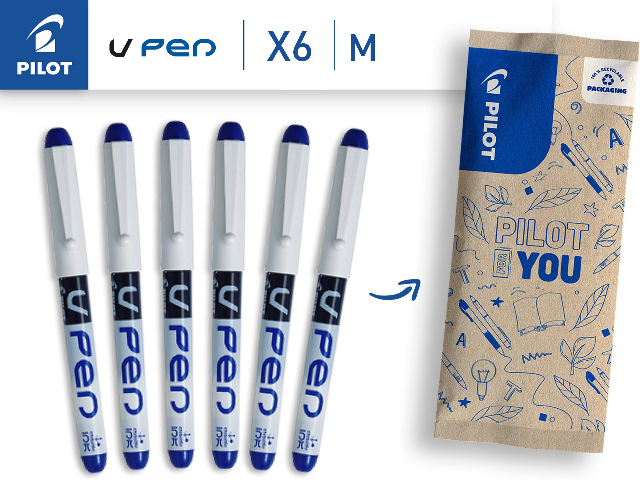 pilot-v-pen-effa-able-6-stylos-plume-bleu-plume-moyenne image 2