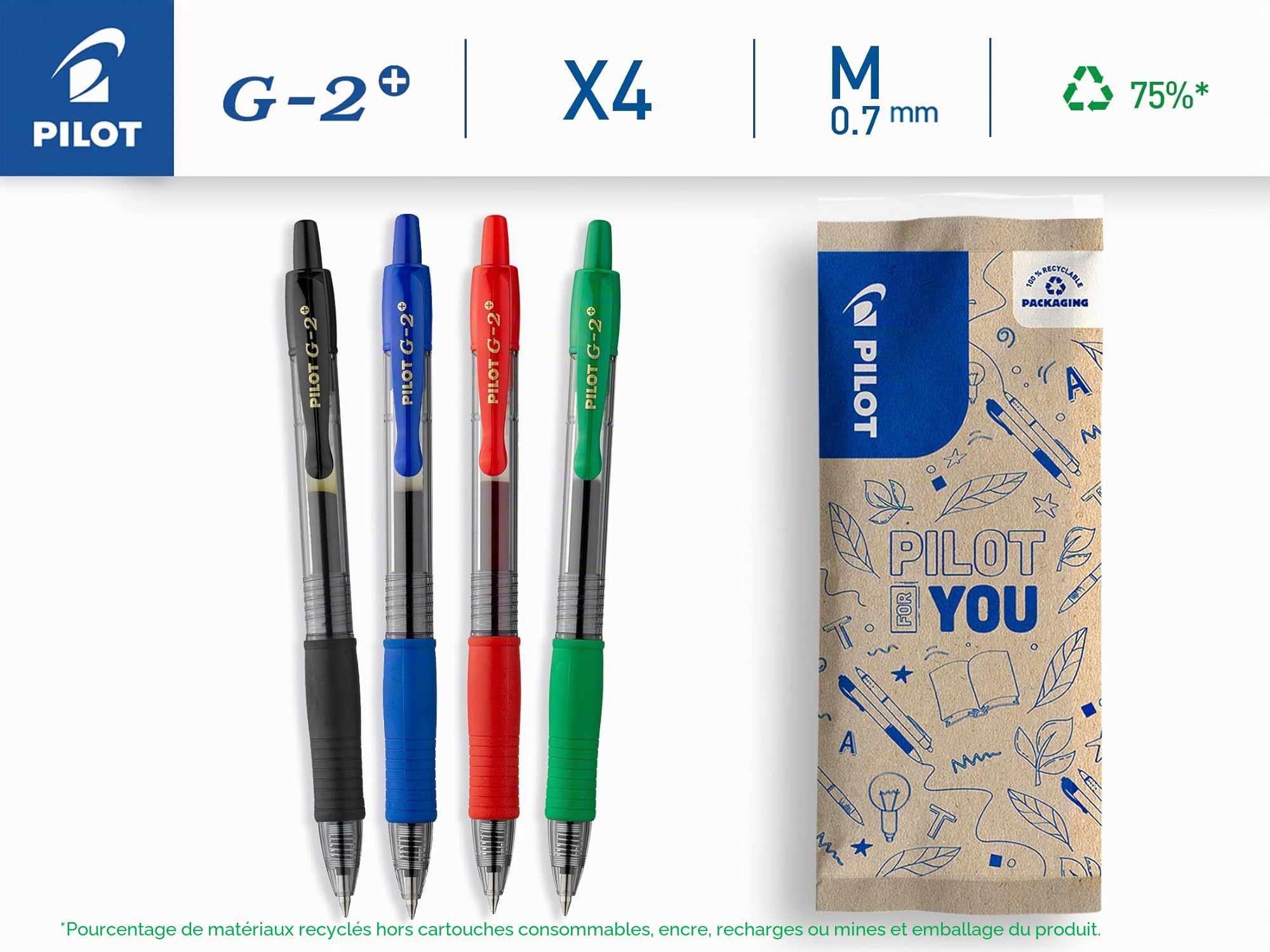pilot-g2-plus-stylo-roller-encre-gel-r-tractable-0-7-mm-noir-bleu-rouge-vert-lot image 2