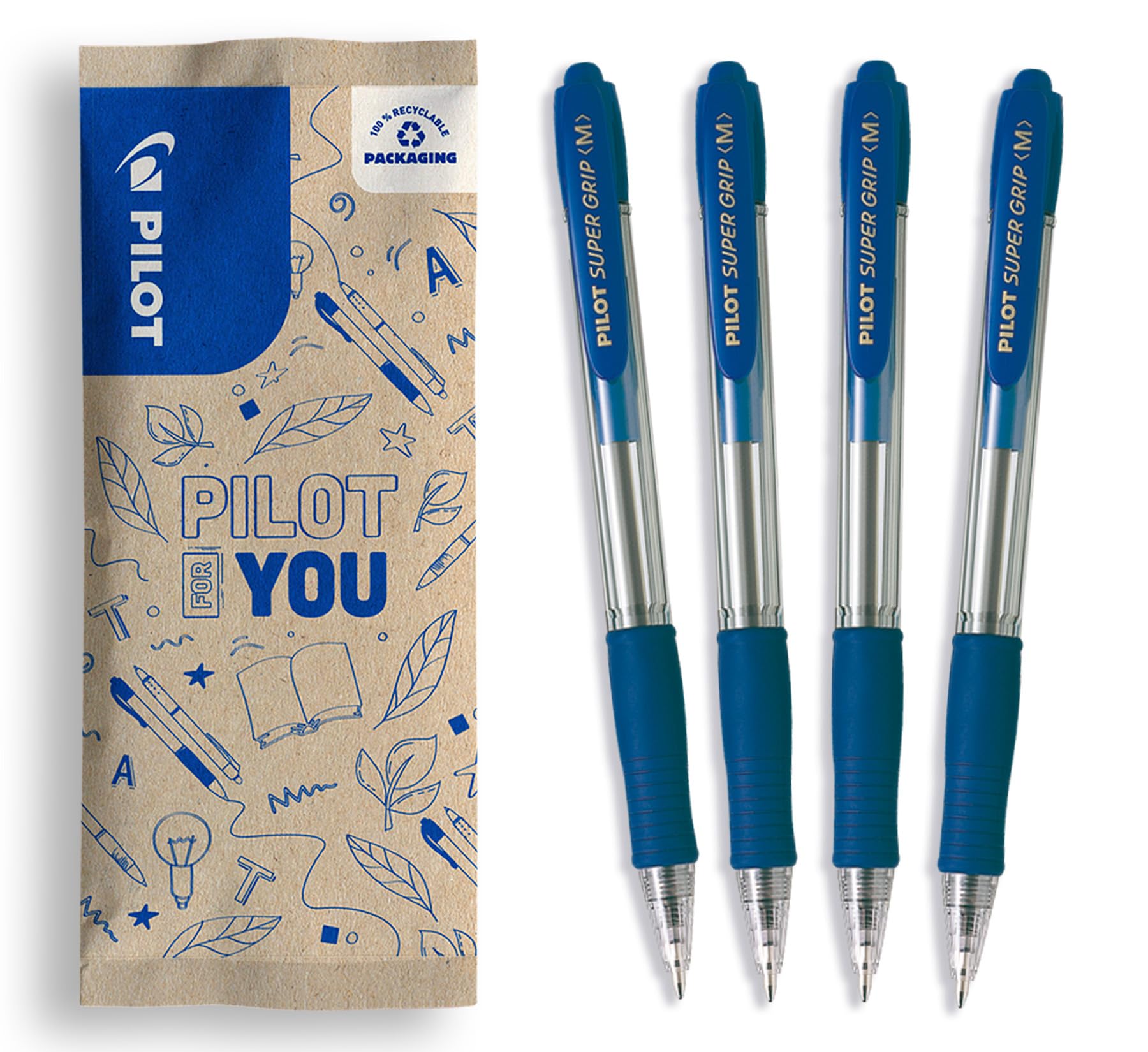 pilot-super-grip-stylo-bille-r-tractable-bleu-pointe-moyenne-1-mm-lot-de-4 image 1