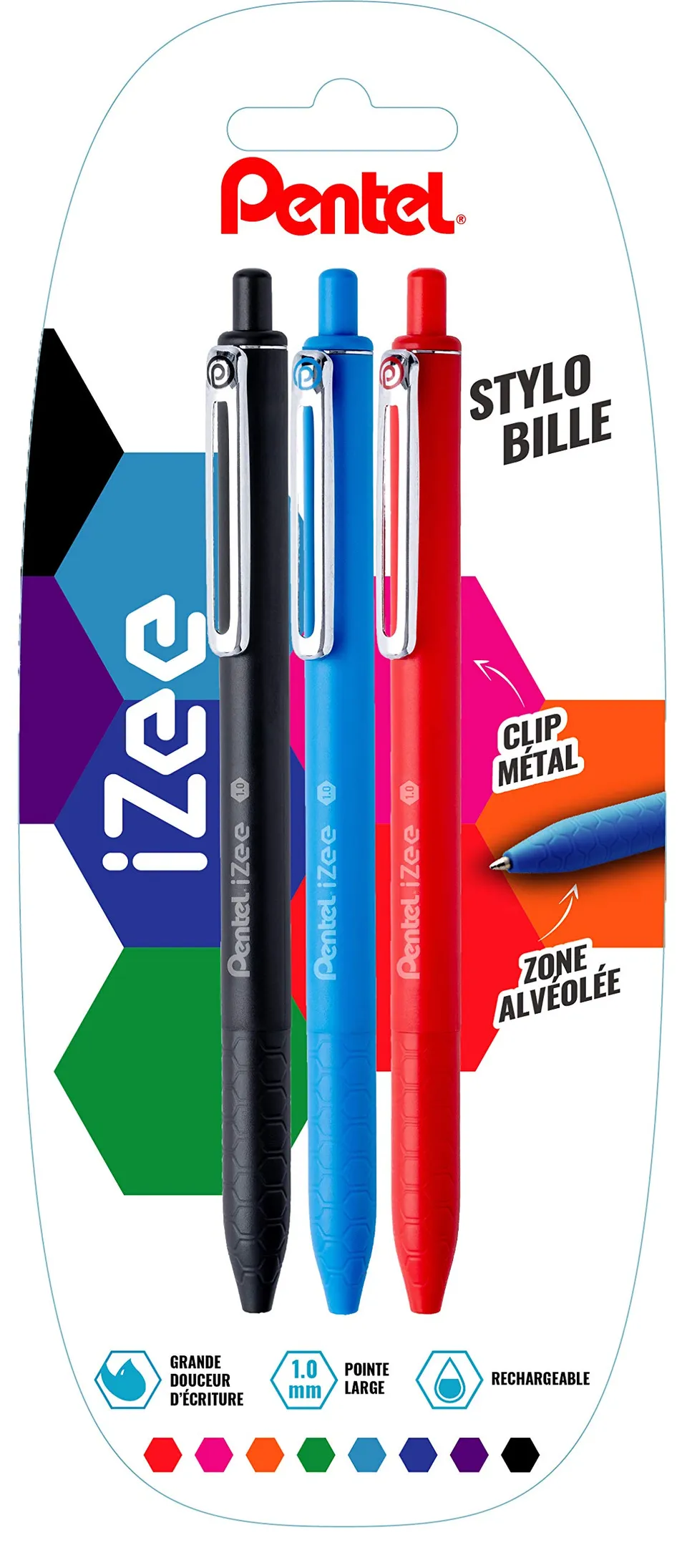 pentel-izee-bx470-lot-de-3-stylos-bille-r-tractables-noir-bleu-ciel-rouge image 1