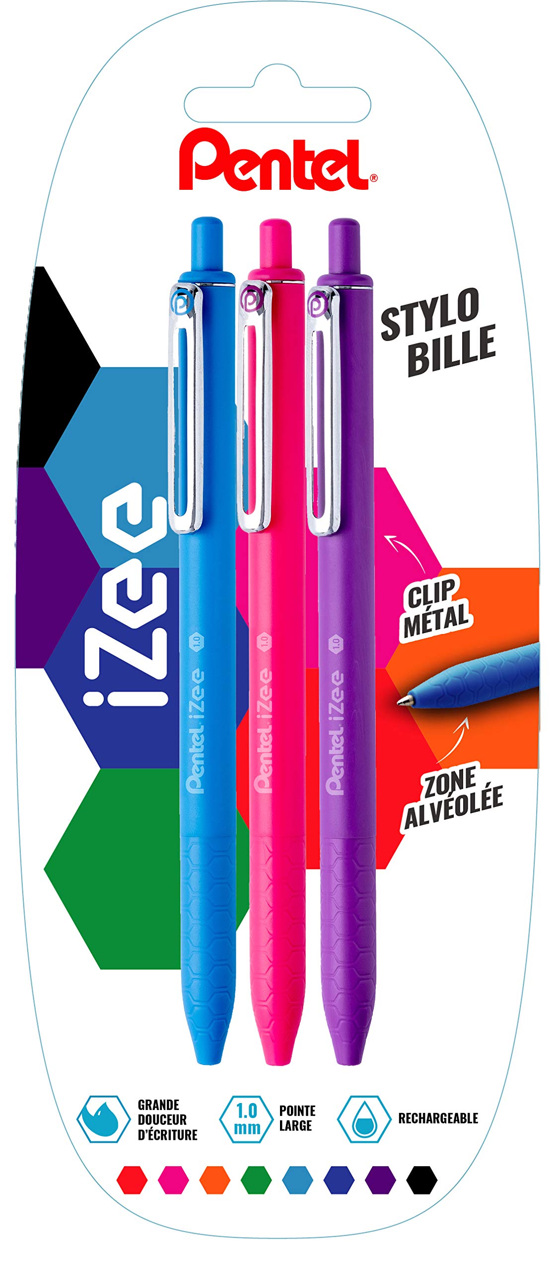 pentel-izee-bx470-lot-de-3-stylos-bille-r-tractables-1-0-mm-bleu-ciel-rose-viole image 1