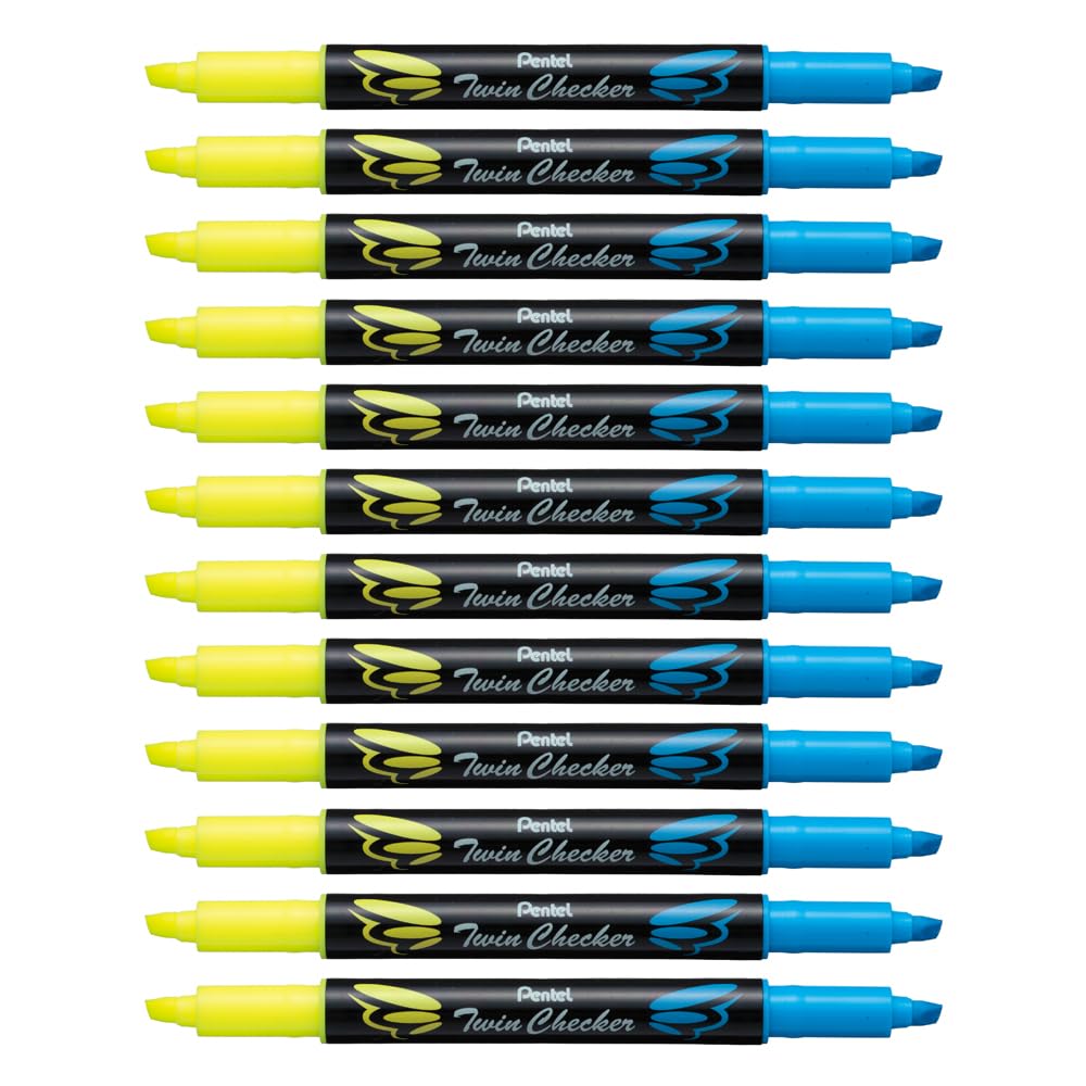 pentel-twin-checker-slw8-lot-de-12-surligneurs-bi-pointe-jaune-et-bleu-encre-flu image 1