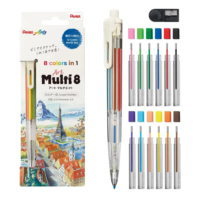pentel-art-multi-8-xph804st-porte-mines-8-couleurs-2-0-mm-kit-12-recharges-taill image 1