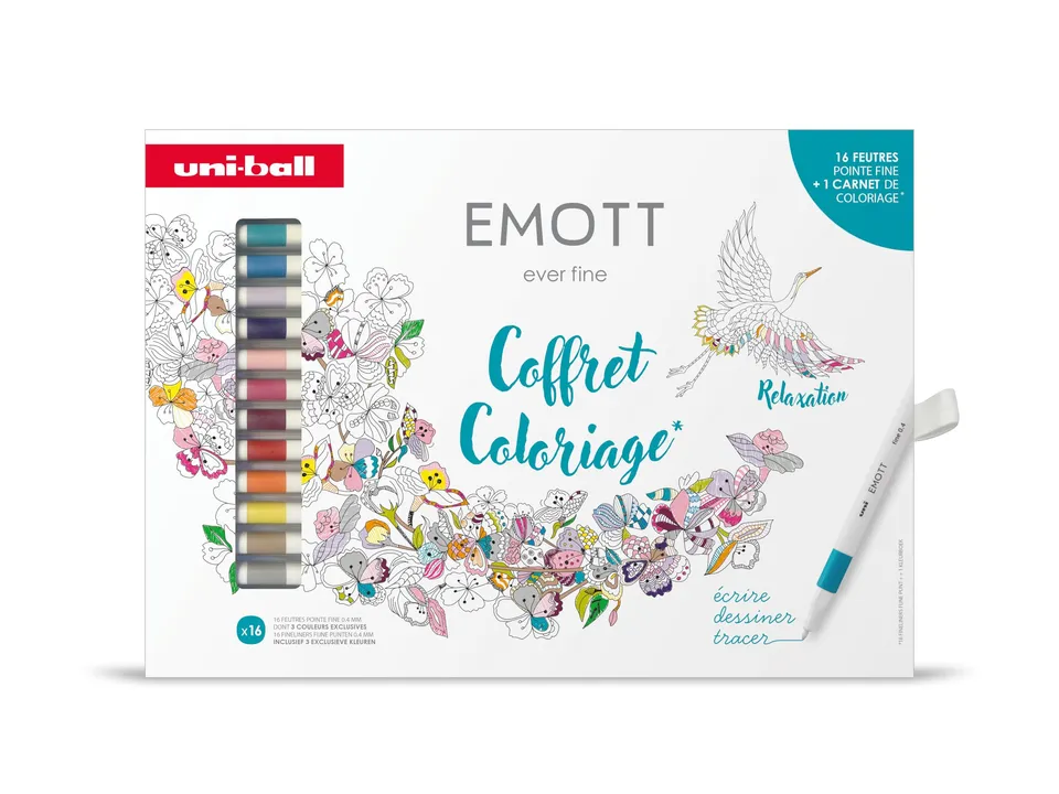 uni-ball-emott-feutre-fin-0-4-mm-coffret-16-couleurs-carnet-coloriage-a5 image 1