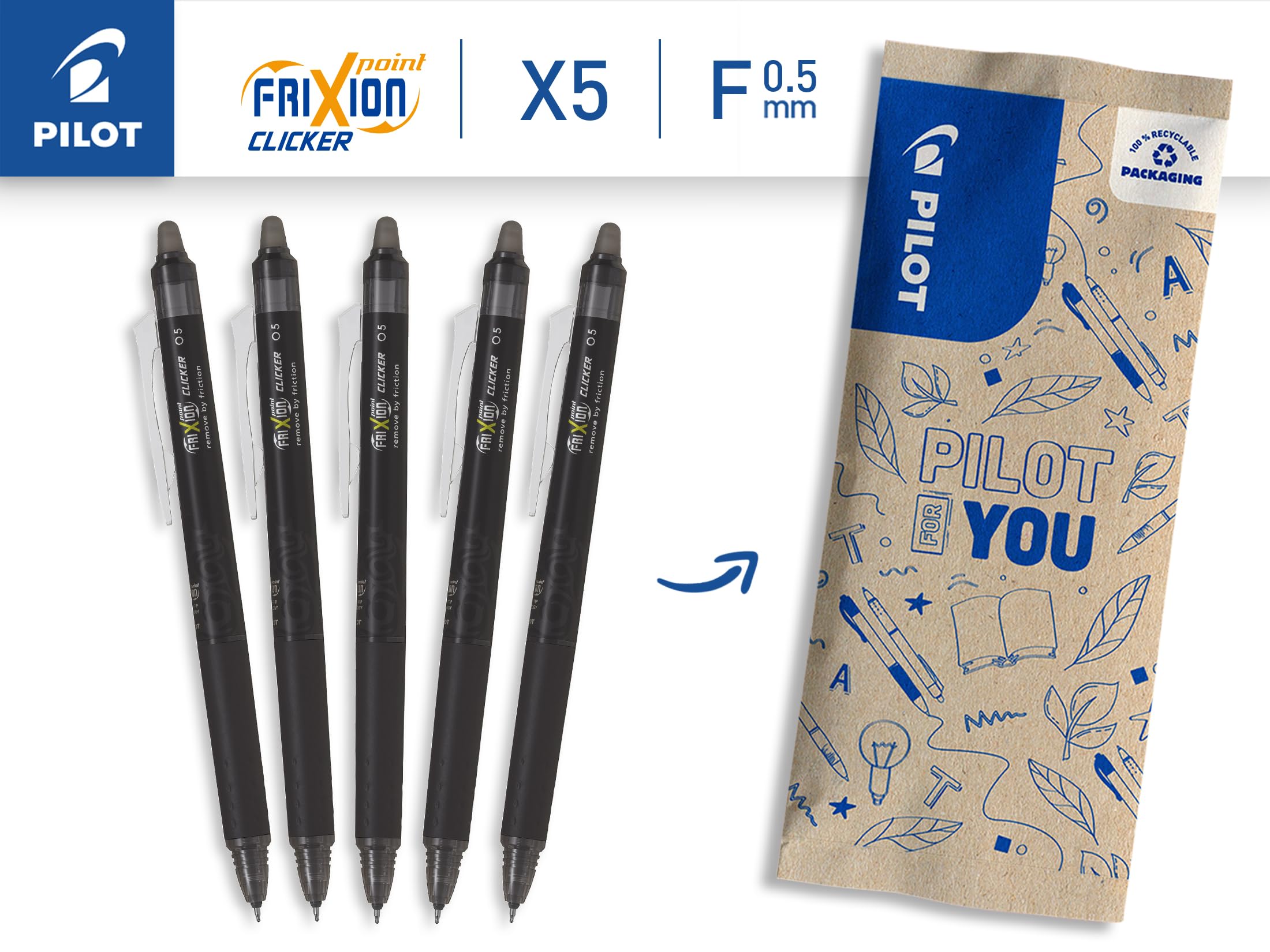 pilot-frixion-point-clicker-0-5-roller-effa-able-r-tractable-lot-de-5-noir-point image 2