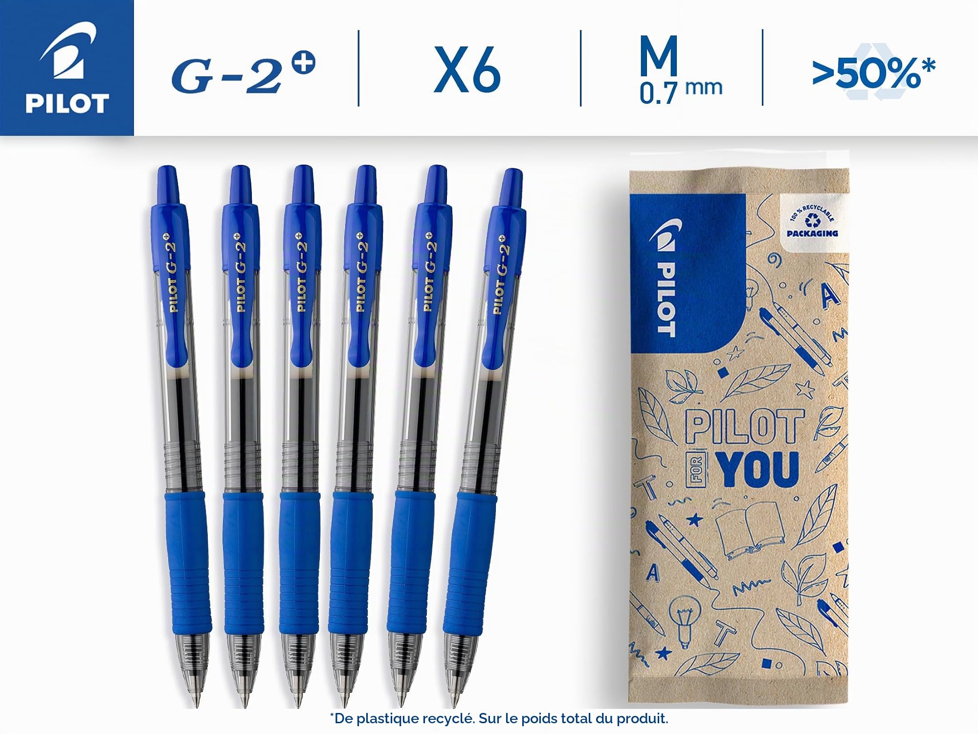 pilot-g2-plus-stylo-roller-gel-r-tractable-bleu-pointe-moyenne-0-7-mm-lot-de-6 image 2