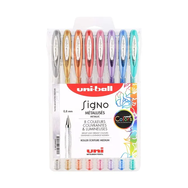 uni-ball-signo-um120-lot-de-8-rollers-encre-gel-m-tallis-s-0-8-mm-or-argent-rose image 1